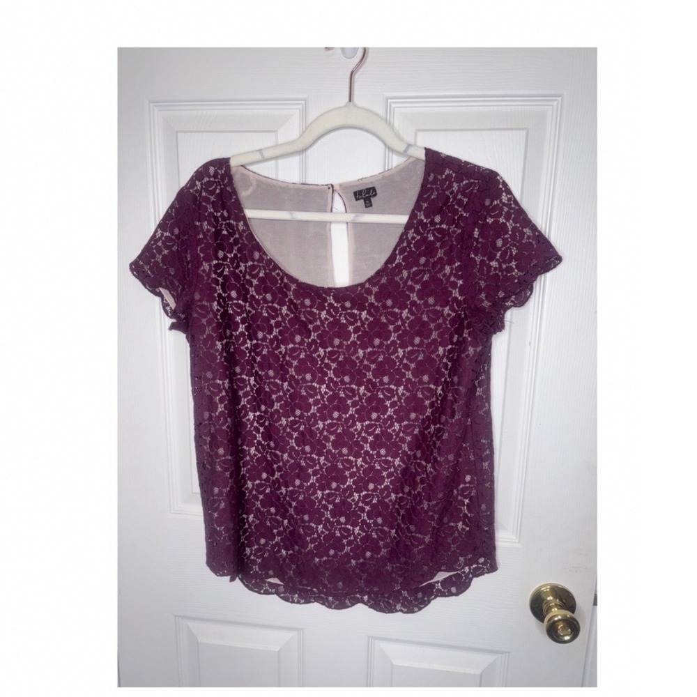 Talula Aritzia Burgundy Lace Blouse Flutter Sleeve Keyhole Back M